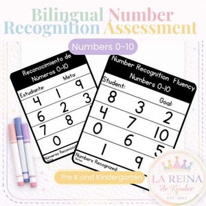 May include: Educational assessment materials for number recognition. The image shows two black and white cards with number recognition charts, featuring numbers 0-10. The text includes "Bilingual Number Recognition Assessment" and "Pre K and Kindergarten."