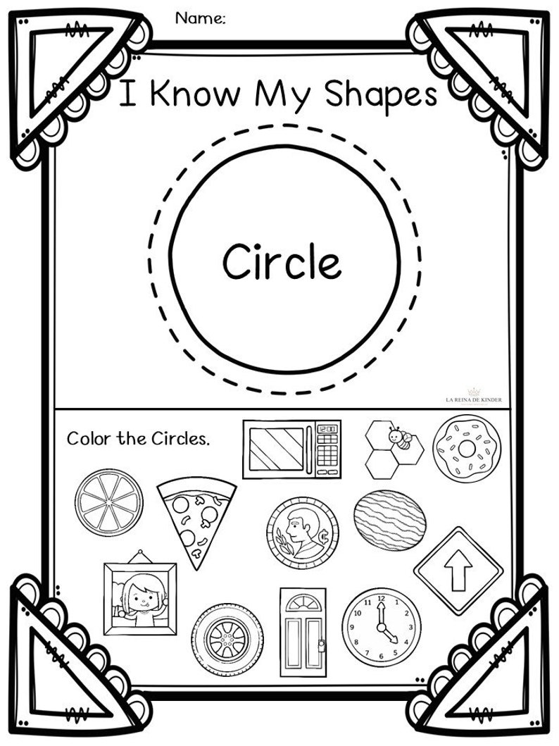 May include: A black and white worksheet with the title "I Know My Shapes" and the word "Circle" in a circle. The worksheet instructs the user to "Color the Circles" and shows various images of objects, some of which are circles.