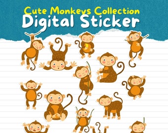 15 Cute Monkey Digital Sticker Collection PNG for Cricut