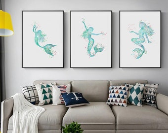 3 Canvas - Nordic Abstract Blue Mermaid Wall Art Canvas decorative picture Posters and Prints Picture for Living Room Home Decor