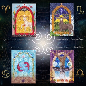 Cartes de voeux saisonnières astrologie - solstice et équinoxe - bélier cancer balance capricorne - signes cardinaux - oeuvre d'art originale