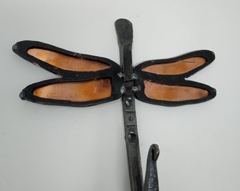 Hand-Forged Dragonfly Wall Hook With Copper Inlay