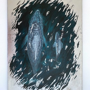 キャンバスに描かれた夕焼けの風景クジラの絵画 - 手描きの多色