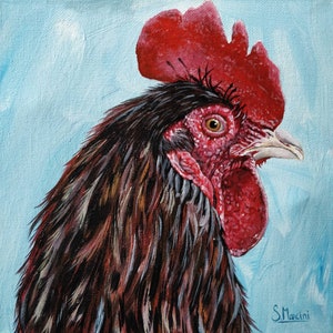 Rooster Painting, Original Farm Animal Art, Hand-Painted Chicken Wall Decor, Rustic Country Home Artwork, Farmhouse Kitchen Gift