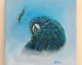 熱帯の鳥の油絵：ピンクのジャングルの花、額入りキャンバスアート