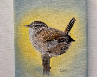 Wren Painting, Original Painting, Nature Artwork, British Bird Wall Art, Handmade Wildlife Painting, Small Painting, Bird Lover Gift