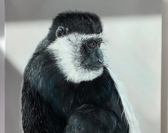 Original Colobus Monkey Oil Painting, Monkey Painting, Wildlife Artwork, Exotic Animal Wall Art, Primate Portrait, Nature-Inspired Decor