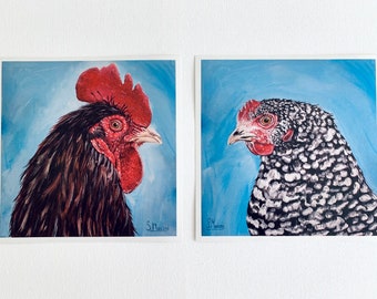 Chicken Art Print 8x8 Rooster and Hen Signed Farmhouse Bird