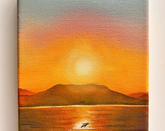 Cuadro al óleo de Byron Bay al atardecer con ballena jorobada, paisaje marino, lienzo de 5x7 pulgadas.