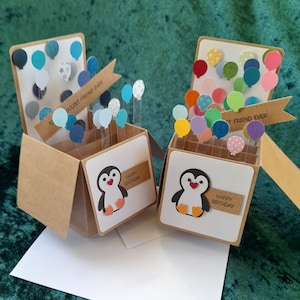Boîte, pingouin, ballons, jolie carte d'anniversaire, pour lui, pour elle, fils, fille, faite sur commande, peut être personnalisée, n'importe quelle couleur, n'importe quel âge