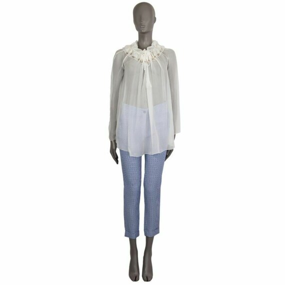 57009 auth CHLOE white silk crepe SHEER RUFFLED Bl
