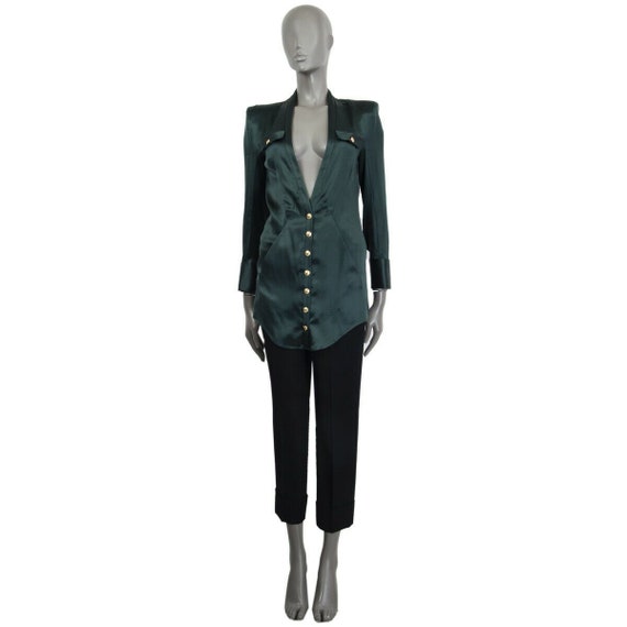 61777 auth BALMAIN forest green silk satin Tunic B