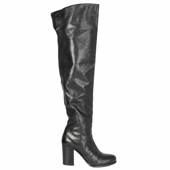 59590 auth PRADA black leather BLOCK HEEL Over-Kne