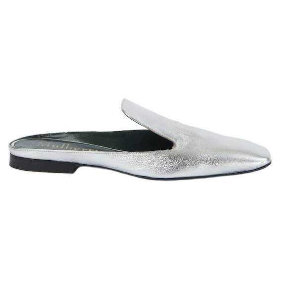 54306 auth MULBERRY silver leather Mules Slippers