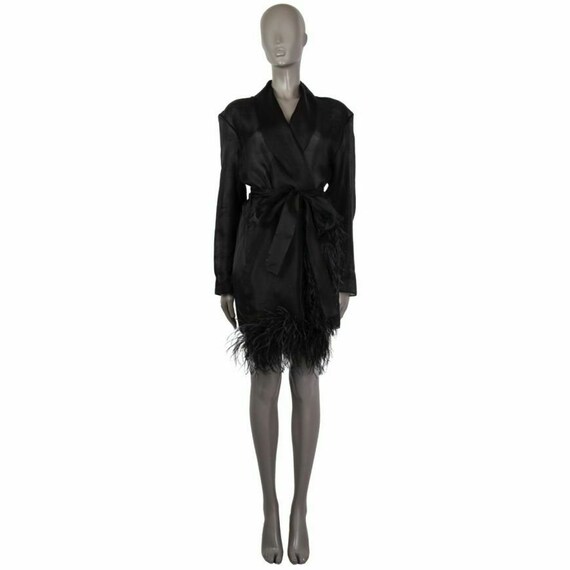 59240 auth PRADA black tulle FEATHER TRIM Belted R