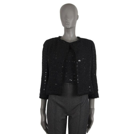 52055 auth CHANEL black TWEED & SEQUINS Collarless