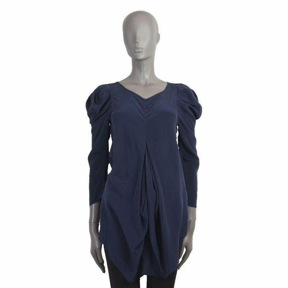 53172 auth BALENCIAGA navy blue silk PUFF SLEEVE L