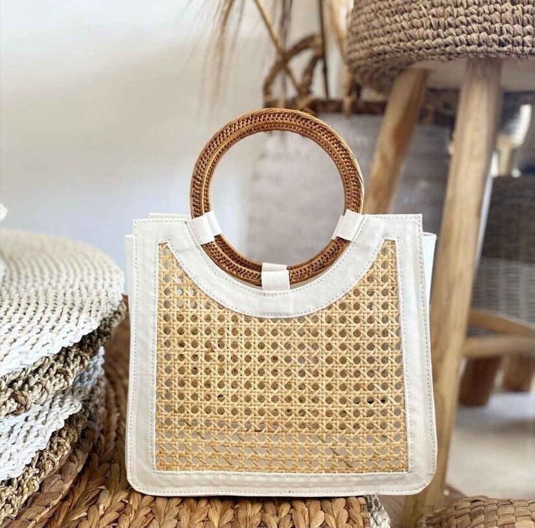 Rattan & Leather Bag, Rattan Handbag, Cane Webbing Bag, Rattan Mesh