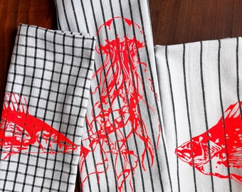 Set of 3 striped/checkered tea towels, hand-printed with neon fish & jellyfish motif, screen-printed nautical kitchen towel