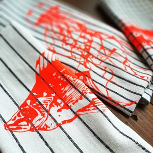 3er Set Küchentücher Siebdruck Neon rot schwarz weiß mit Fisch / Qualle, Detail