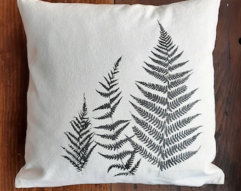 Organic cotton pillowcase, white with black fern motif, pillow screen print unique, pillow cover printed, pillow with plant motif