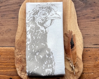 Bedrucktes weißes Geschirrtuch mit Huhn Illustration in grau, Siebdruck Henne, Küchen-Deko, Tischläufer Landhaus, Küchentuch Halbleinen