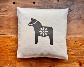 Pillowcase in natural/beige with Dala horse, screen-printed pillow cover, unique, hand-printed, Swedish Christmas 2026