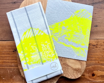 Juego de paño de cocina y esponja con estampado de peces amarillo neón, idea de regalo náutico, decoración de cocina moderna.