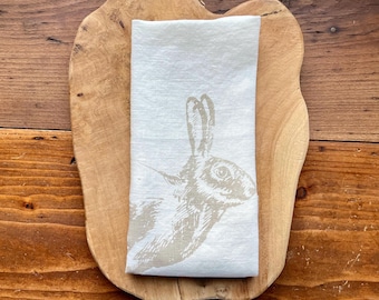 Linen tea towel with hand-printed rabbit motif | Scandinavian style | Sustainable & Natural | Unique screen-printed item for Scandinavian design enthusiasts