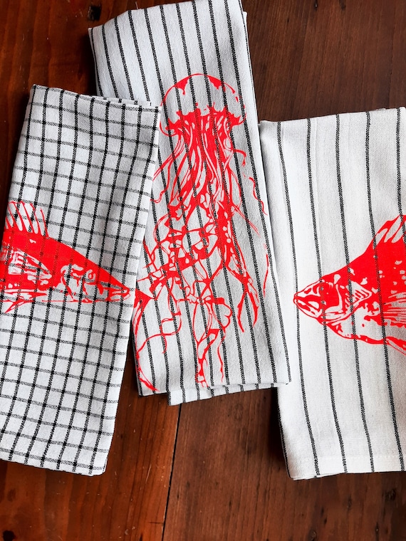 3er Set Geschirrtücher gestreift / kariert handbedruckt mit Neon-Print Motiv Fische & Qualle, Küchentuch Siebdruck maritim