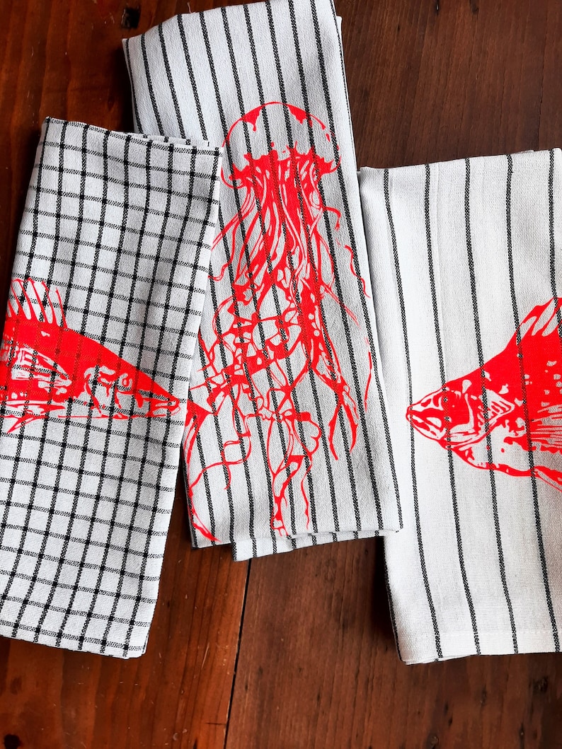 3er Set Geschirrtücher Siebdruck Neon rot schwarz weiß mit Fisch / Qualle