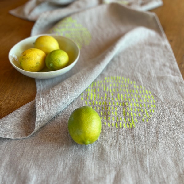 Table runner linen natural with neon yellow pattern, hand printed unique, screen printed, tablecloth minimalist, Scandinavian living