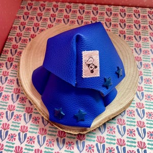 Puede incluir: Un sombrero de cuero azul real con tres adornos de estrella azul oscuro. El sombrero presenta un pequeño parche blanco con una ilustración de personaje de dibujos animados. El sombrero se exhibe sobre una rodaja de madera.