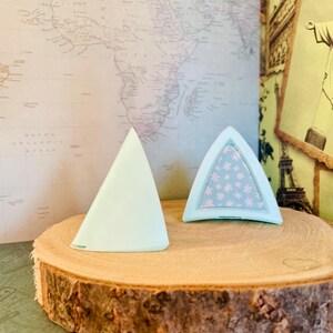 May include: Two light green, triangular-shaped objects, resembling cat ears, sit on a wooden slice. One is solid, the other has a light blue interior with a white floral pattern. The background includes a world map and a framed image.