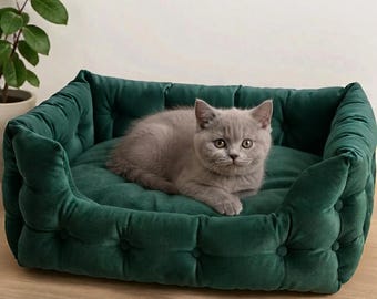Handmade Tufted Velvet Pet Bed, Modern Orthopedic Dog Cat Couch