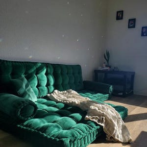Custom velvet French style tufted floor cushion set with back lumbar pillow and side bolsters, Floor cushion, Window seat or Reading nook