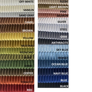 May include: Corduroy fabric color chart with 24 different colors, including white, cream, off-white, vanilin, sand gray, camel, brown, yellow, mustard, pistachio, olive, khaki, coffee, tobacco, red, dark lilac, purple, cotton beige, beige, flesh, light brown, pink, salmon, silver, steel, gray, anthracite, sky blue, indigo, ocean blue, navy blue, blue, and black.