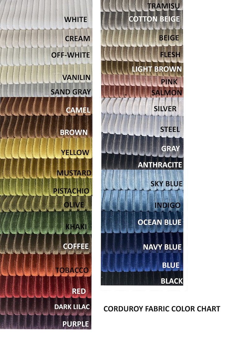 May include: Corduroy fabric color chart with 24 different colors, including white, cream, off-white, vanilin, sand gray, camel, brown, yellow, mustard, pistachio, olive, khaki, coffee, tobacco, red, dark lilac, purple, cotton beige, beige, flesh, light brown, pink, salmon, silver, steel, gray, anthracite, sky blue, indigo, ocean blue, navy blue, blue, and black.
