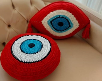 Hand-Knitted Cotton Evil Eye Pillow, Red Amulet Cushion