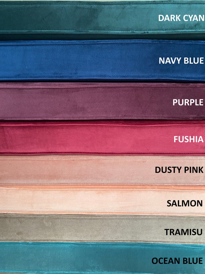 May include: A collection of eight fabric swatches in various shades of blue, purple, pink, and brown. The swatches are labelled with the following names: Dark Cyan, Navy Blue, Purple, Fushia, Dusty Pink, Salmon, Tramisu, and Ocean Blue.
