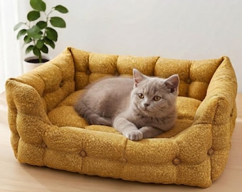 Cama para mascotas hecha a mano, sofá moderno con mechones, tela apta para mascotas