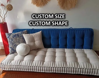 Salmon coloured cotton and linen sofa cushions, extra thick cushions, bench cushions, available in a wide range of colours, sofa cushions.