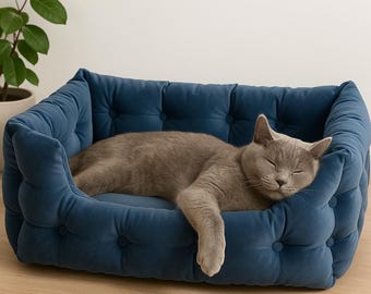 Handmade Tufted Velvet Pet Bed, Modern Orthopedic Dog Cat Couch