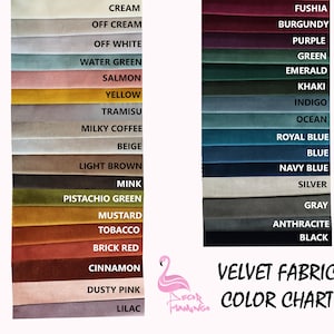 May include: A colour chart for velvet fabric, displaying 24 different colours, including cream, off white, water green, salmon, yellow, tramisu, milky coffee, beige, light brown, mink, pistachio green, mustard, tobacco, brick red, cinnamon, dusty pink, lilac, fuchsia, burgundy, purple, green, emerald, khaki, indigo, ocean, royal blue, blue, navy blue, silver, grey, anthracite, and black.