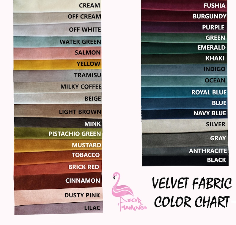 May include: A colour chart for velvet fabric, displaying 24 different colours, including cream, off white, water green, salmon, yellow, tramisu, milky coffee, beige, light brown, mink, pistachio green, mustard, tobacco, brick red, cinnamon, dusty pink, lilac, fuchsia, burgundy, purple, green, emerald, khaki, indigo, ocean, royal blue, blue, navy blue, silver, grey, anthracite, and black.