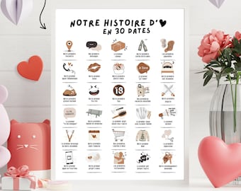 Affiche de couple à remplir "Notre histoire d'amour en 30 dates" | Affiche à tamponner | Affiche couple, Saint-Valentin | Format A4 + A3