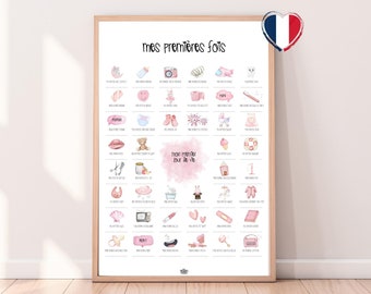 Poster Mijn eerste keer baby ROZE A3 | Babykamerdecoratie | Poster om te stempelen | Babydataposter | Idee voor geboortecadeau