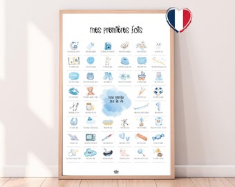Poster Mijn eerste keer baby BLAUW A3 | Babykamerdecoratie | Poster om te stempelen | Babydataposter | Idee voor geboortecadeau