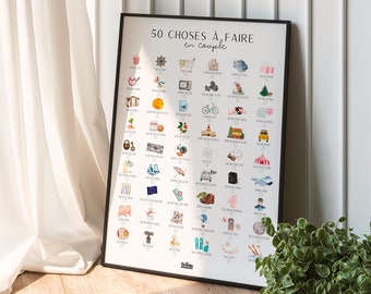 Poster 50 things to do as a couple | List of activities for lovers | Romantic gift idea for couple, original decoration