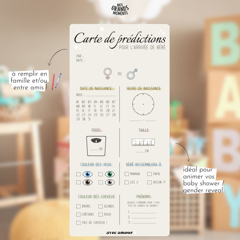 Cartes de prédictions bébé en lots | Cartes de pronostics bébé | Jeu baby shower / jeu gender reveal | Baby pronostic | A remplir ! image 2